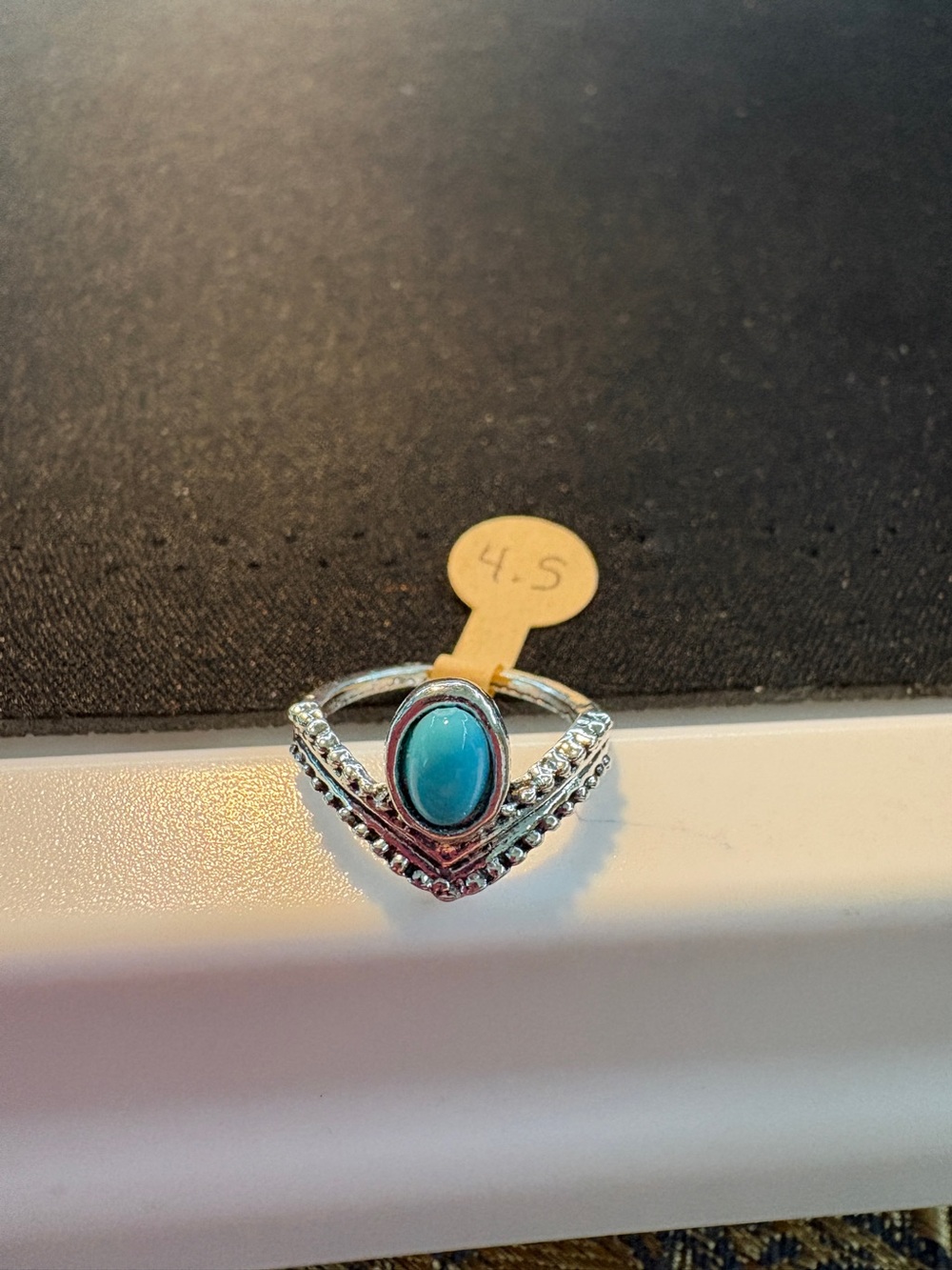 Silver Tone Ring with Turquoise Oval Stone - Size 4.5